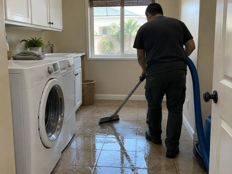 Generated illustration of water extraction beside a washing machine on wet tile flooring