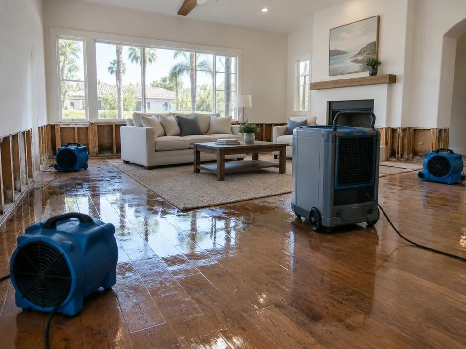 Generated illustration of air movers and a dehumidifier beside opened drywall in a living room