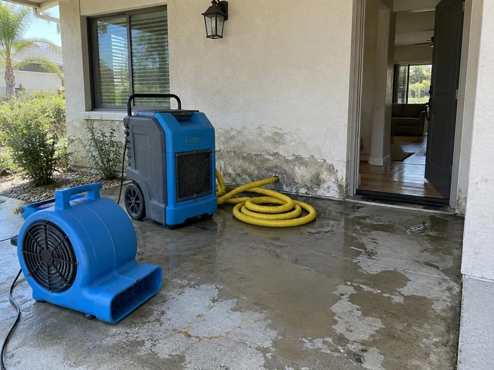 Generated illustration of drying equipment and a coiled hose at a home entrance