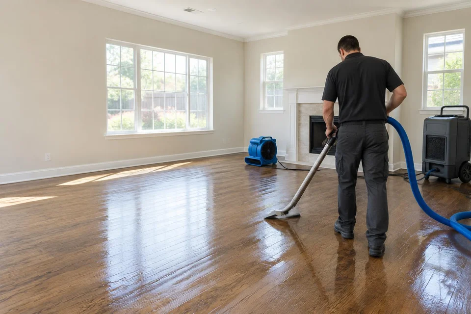 Generated illustration of a technician extracting water from a wet hardwood floor in a home