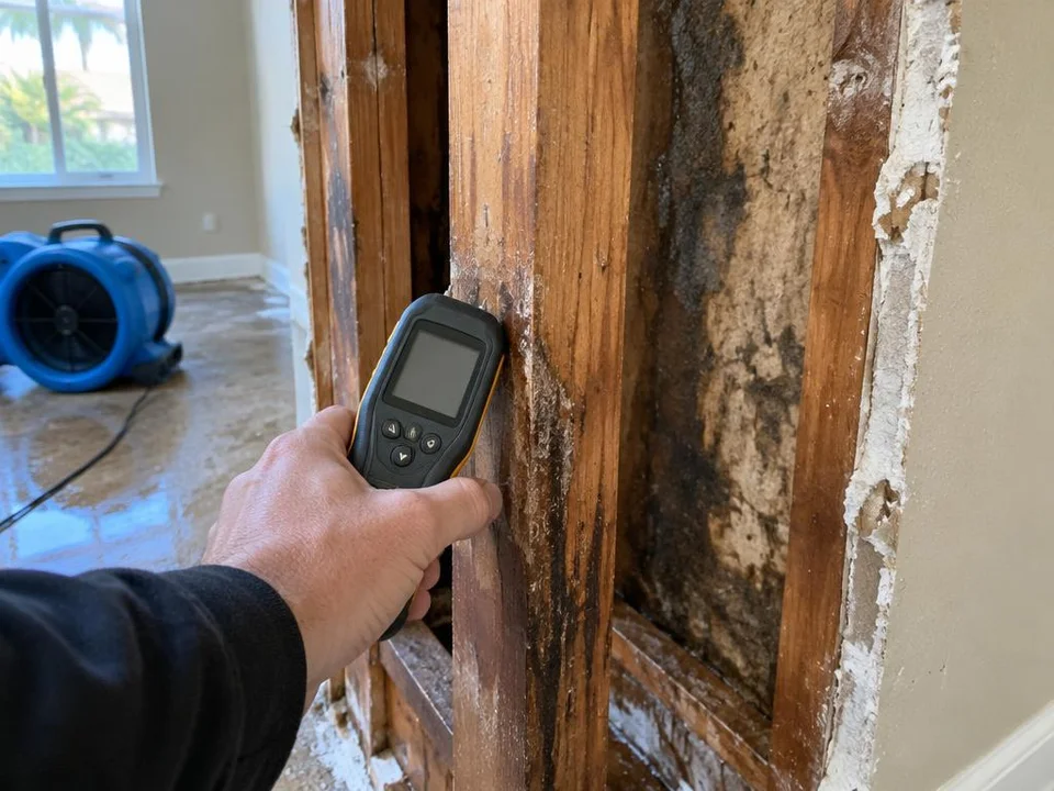 Generated illustration of a hand holding a moisture meter beside exposed damp wood framing