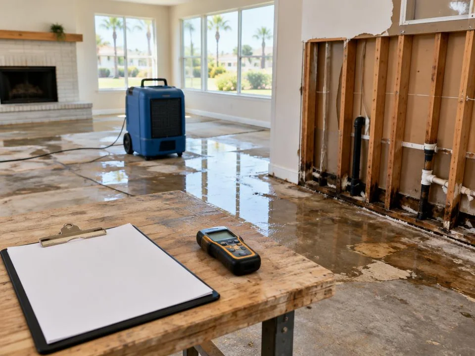 Generated illustration of blank assessment papers and a moisture meter beside wet flooring and opened drywall