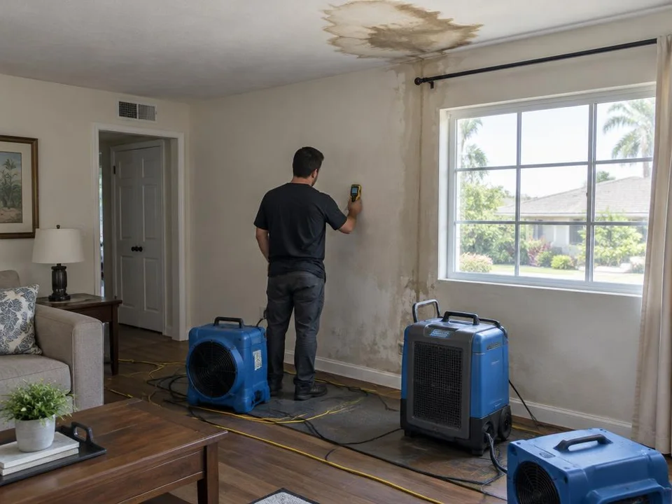 Generated illustration of a technician inspecting a damp wall below a ceiling stain