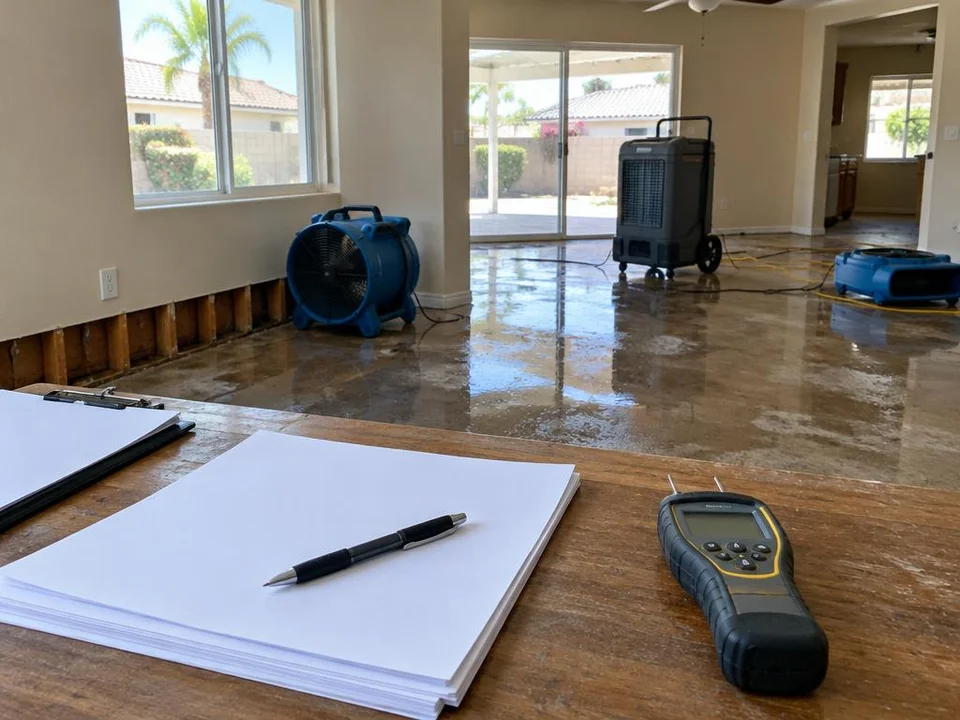 Generated illustration of blank estimate papers and a moisture meter with drying equipment nearby