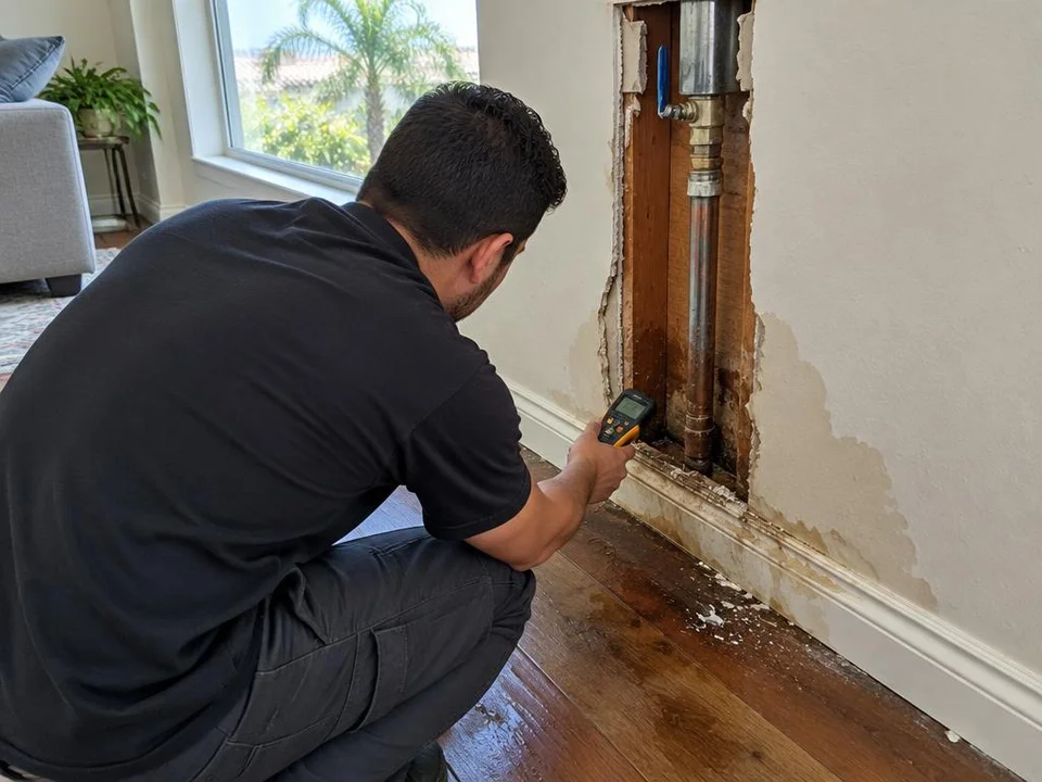 Generated illustration of a technician assessing moisture beside an exposed supply pipe