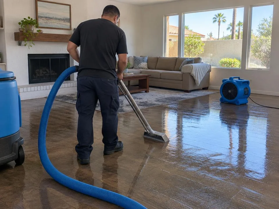 Generated illustration of a technician using an extraction wand on a wet living room floor